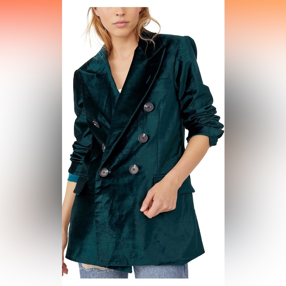 Free People Velvet Ashby Blazer Jade Green Double Breasted Jacket XS